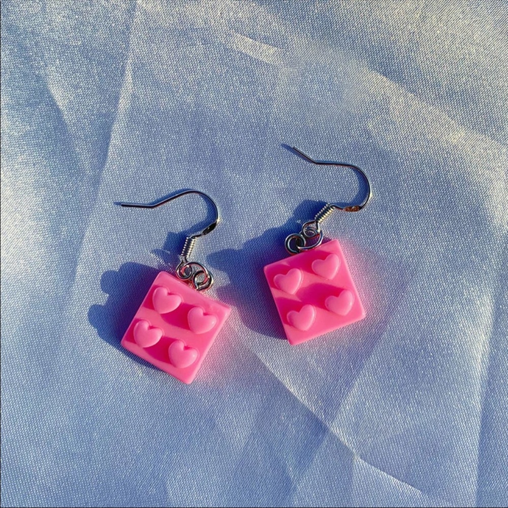 Pink Handmade Heart Lego Dangle Earrings